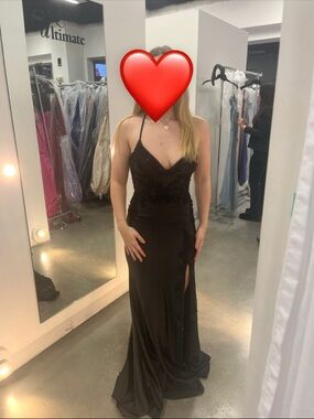 Faviana Black Spaghetti-Strap Prom Gown with Side Slit